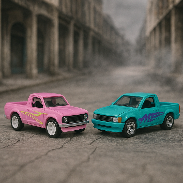 🛻 1975 Datsun Sunny Truck (B120) 🩷 Custom '93 Nissan Hardbody (D21) 💙Hot Wheels Premium Car Culture 2-Car Pack