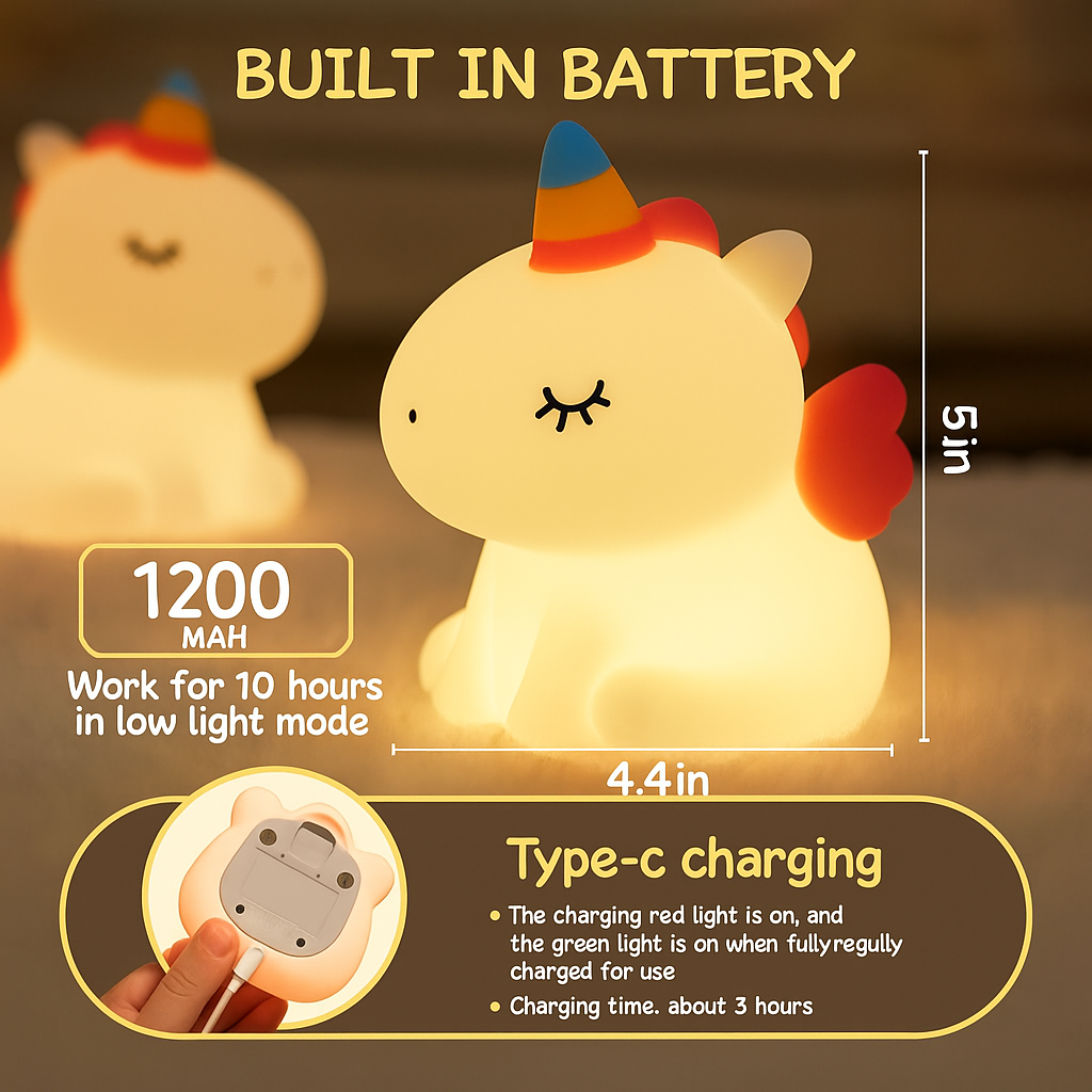 Unicorn Night Light for Kids – Tap Control, Rechargeable & 3 Brightness Modes