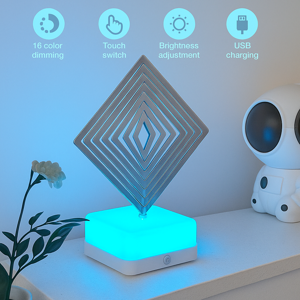3D Spinner LED Table Lamp – 3/16 Color Modes, Dimmable Touch Control Night Light for Bedroom, Desk & Gifts