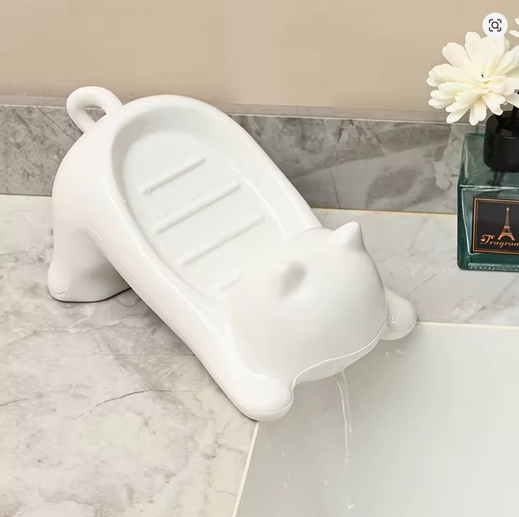 Stretching Cat Soap Holder Tray – Cute Ceramic Animal Soap Dish with Drainage for Bathroom & Kitchen
