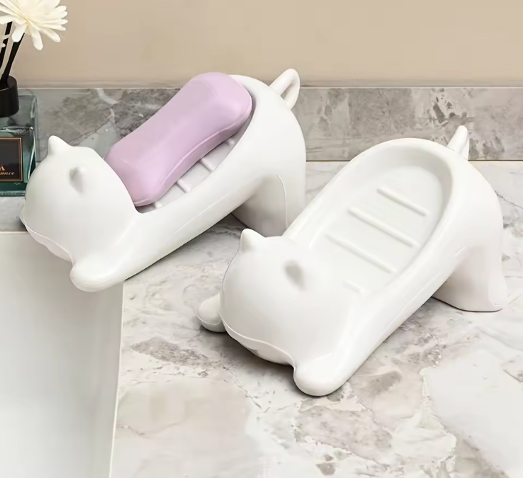 Stretching Cat Soap Holder Tray – Cute Ceramic Animal Soap Dish with Drainage for Bathroom & Kitchen