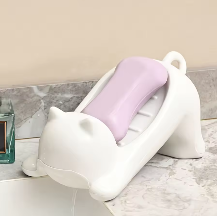 Stretching Cat Soap Holder Tray – Cute Ceramic Animal Soap Dish with Drainage for Bathroom & Kitchen